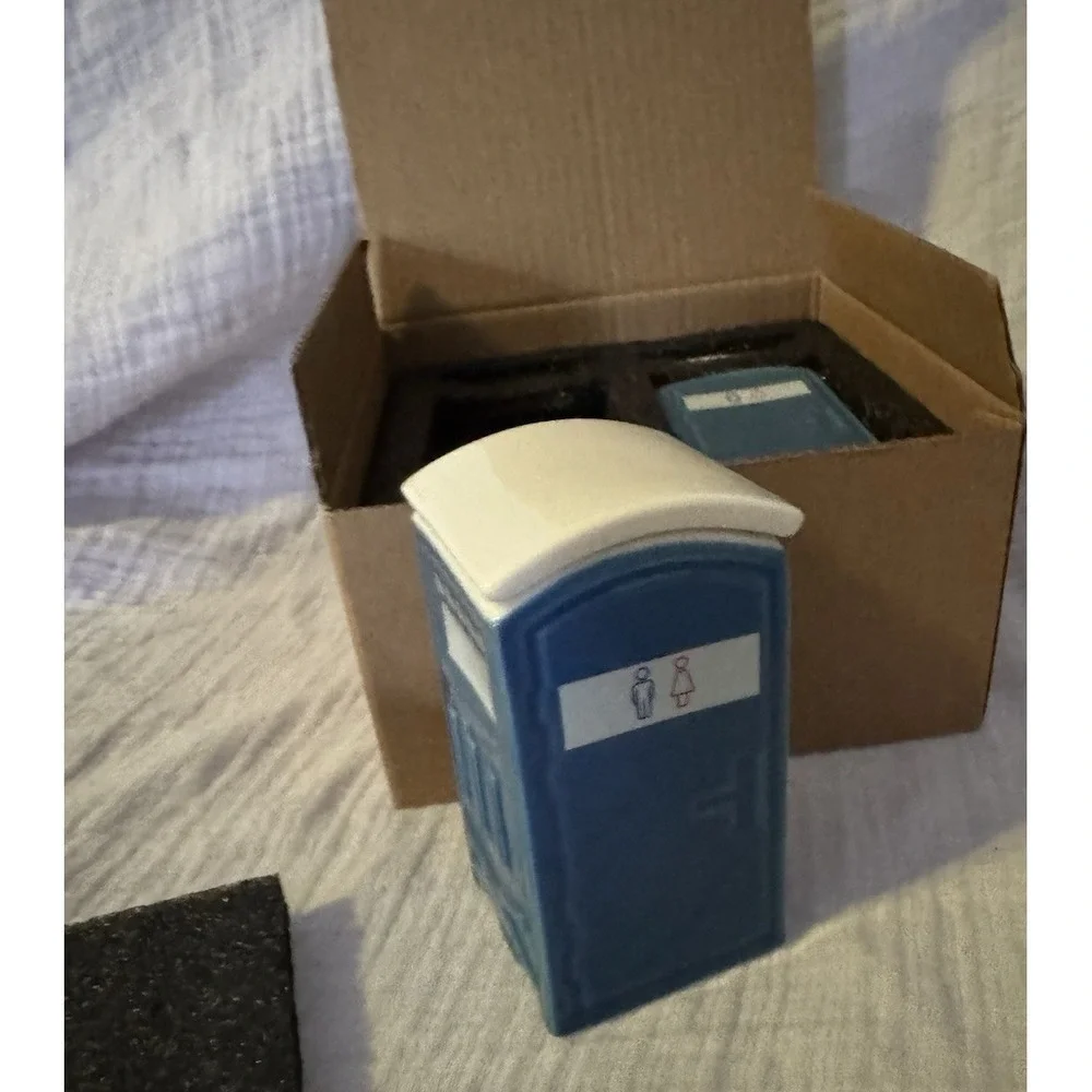 2 Pack Blue & White Porta Potty Novelty Plastic Lidded Shot Glasses Set of 2